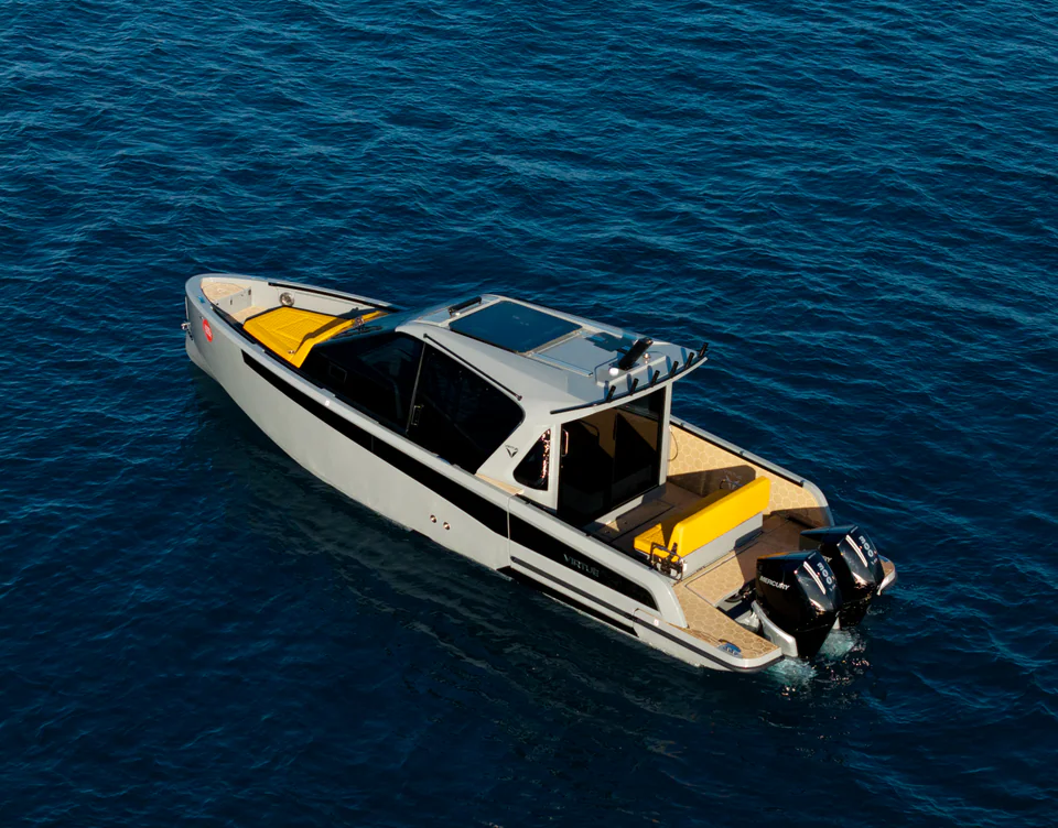 Motor yacht seen from above on open water
