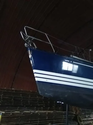Completed yacht bow repair viewed from below