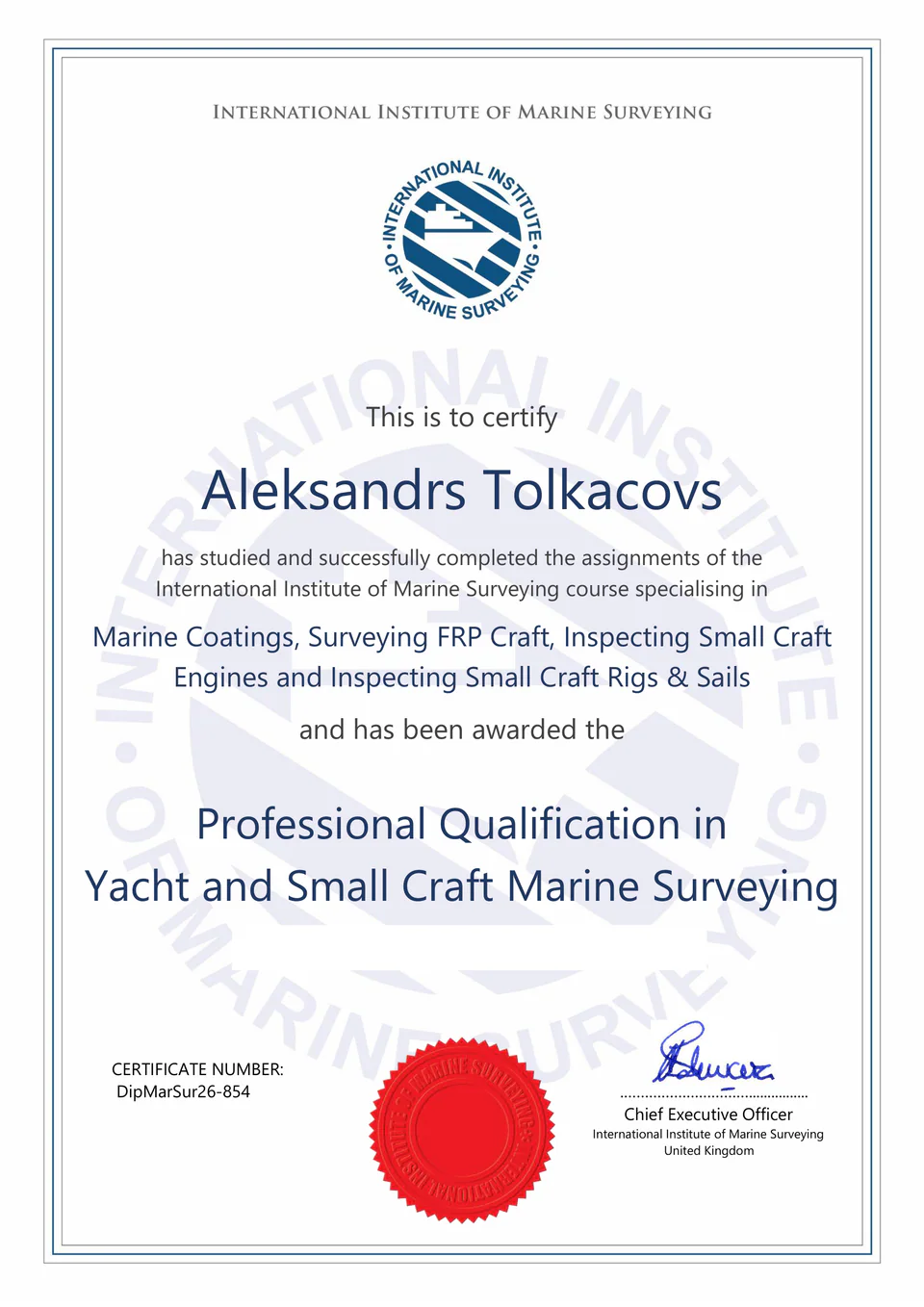 IIMS Professional Qualification certificate for Aleksandrs Tolkacovs, award date withheld